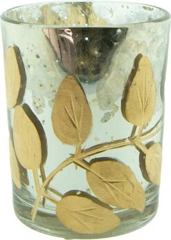 Clayre & Eef Theelichthouder Ø 6x7 Cm Zilverkleurig Glas Blaadjes Waxinelichthouder Windlichthouder