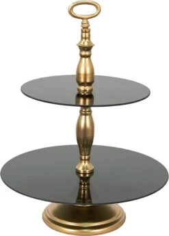 Clayre & Eef Etagère 2 Laags 49 Cm Goudkleurig Ijzer Glas Fruitschaal Etagère Serveerschaal