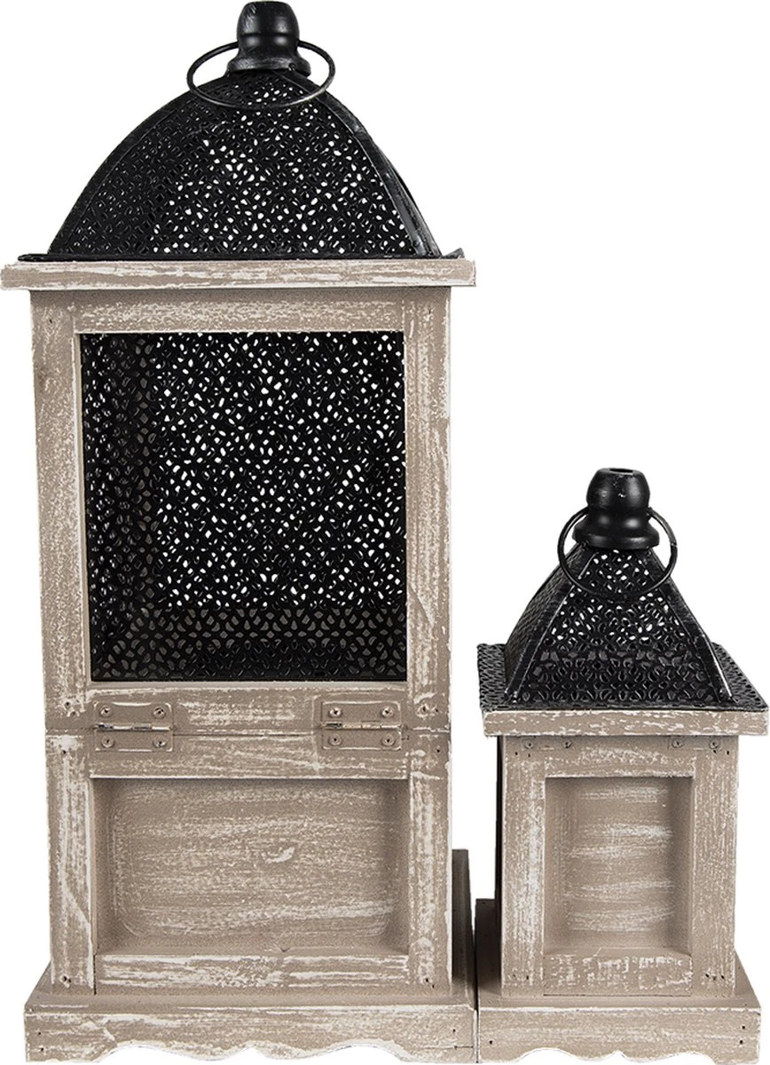 Clayre & Eef Lantaarns Set Van 2 Bruin Hout Metaal Vierkant Kaarsenhouder Sfeerverlichting 5 Clayre & Eef Lantaarns Set Van 2 Bruin Hout Metaal Vierkant Kaarsenhouder Sfeerverlichting - Afbeelding 3