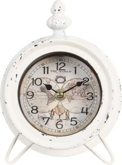 Clayre & Eef Tafelklok 14x7x19 Cm Wit Ijzer Hout Rond Tafelklokken Binnen Staand Klokje Tafelklokje