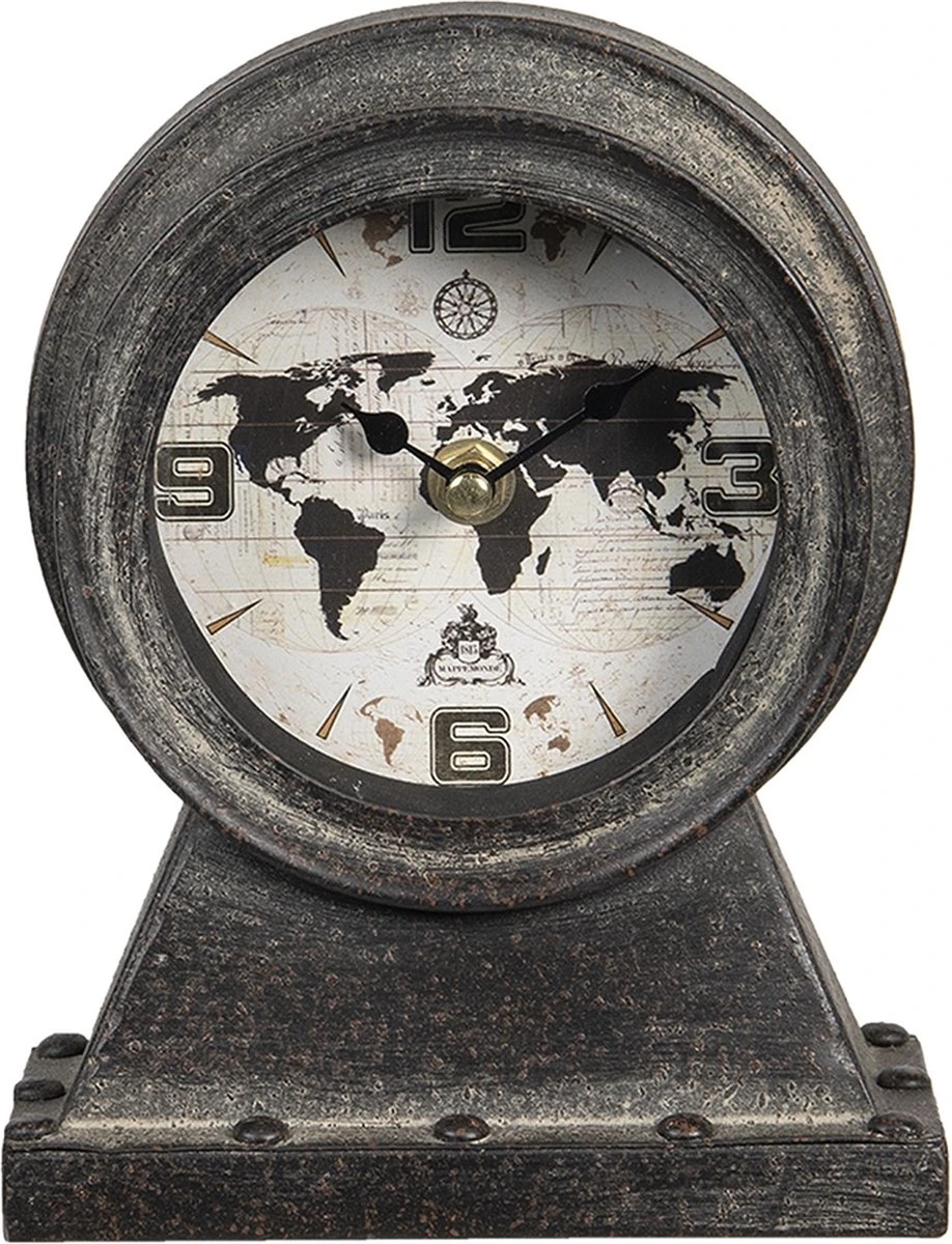 Clayre & Eef Tafelklok 15x8x19 Cm Zwart Ijzer Hout Rond Wereldkaart Tafelklokken Binnen Staand Klokje Tafelklokje 3 Clayre & Eef Tafelklok 15x8x19 Cm Zwart Ijzer Hout Rond Wereldkaart Tafelklokken Binnen Staand Klokje Tafelklokje