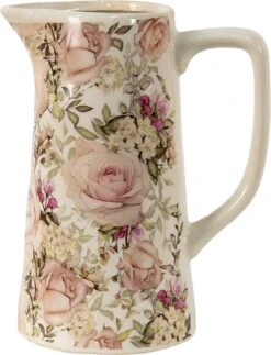 Clayre & Eef Decoratieve Schenkkan 2100 Ml Roze Keramiek Bloemen Waterkan Kan
