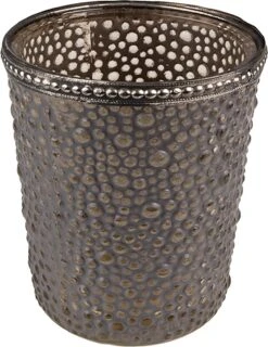 Clayre & Eef Theelichthouder Ø 9x10 Cm Grijs Glas Metaal Waxinelichthouder Windlichthouder