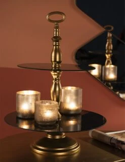 Clayre & Eef Etagère 2 Laags 49 Cm Goudkleurig Ijzer Glas Fruitschaal Etagère Serveerschaal -Clayre & Eef 928x1200