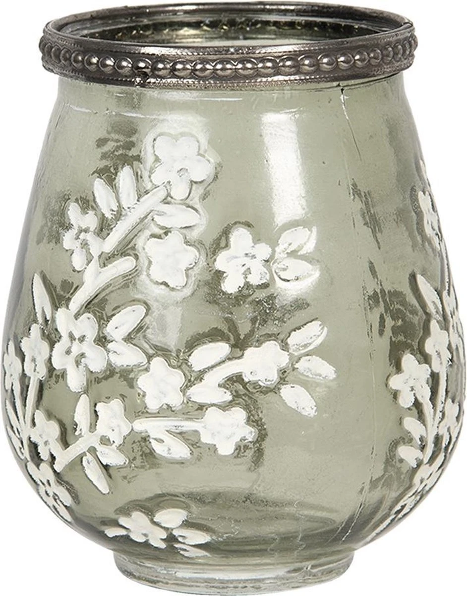 Clayre & Eef Theelichthouder Ø 9x11 Cm Groen Wit Glas Metaal Bloemen Waxinelichthouder Windlichthouder 3 Clayre & Eef Theelichthouder Ø 9x11 Cm Groen Wit Glas Metaal Bloemen Waxinelichthouder Windlichthouder