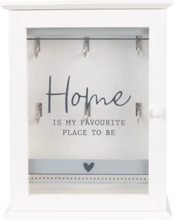 Clayre & Eef Sleutelkastje 20x6x27 Cm Wit Hout Glas Rechthoek Home Is My Favourite Place To Be Sleutelhouder Sleutelrekje Wandkast