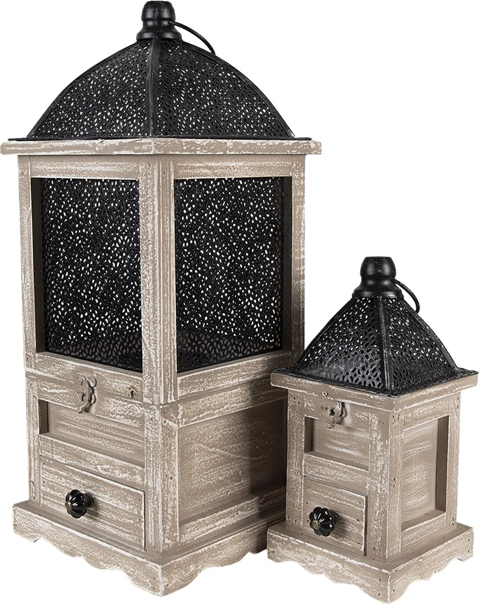 Clayre & Eef Lantaarns Set Van 2 Bruin Hout Metaal Vierkant Kaarsenhouder Sfeerverlichting 4 Clayre & Eef Lantaarns Set Van 2 Bruin Hout Metaal Vierkant Kaarsenhouder Sfeerverlichting - Afbeelding 2