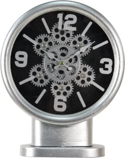 Clayre & Eef Tafelklok 24x8x30 Cm Zilverkleurig MDF Ijzer Rond Tafelklokken Binnen Staand Klokje Tafelklokje