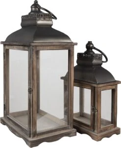 Clayre & Eef Lantaarns Set Van 2 Bruin Ijzer Hout Rechthoek Kaarsenhouder Sfeerverlichting -Clayre & Eef 981x1200 1