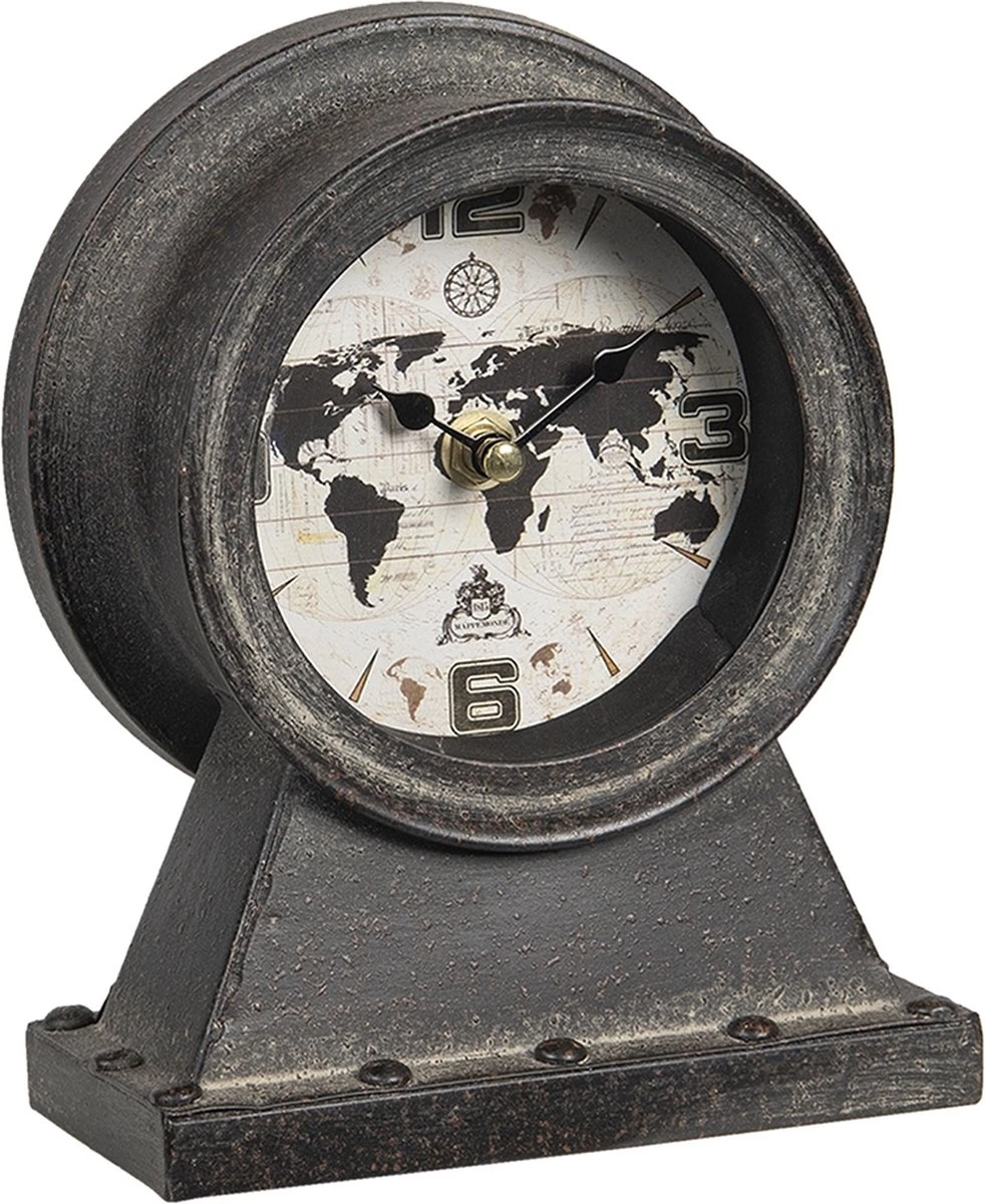 Clayre & Eef Tafelklok 15x8x19 Cm Zwart Ijzer Hout Rond Wereldkaart Tafelklokken Binnen Staand Klokje Tafelklokje 4 Clayre & Eef Tafelklok 15x8x19 Cm Zwart Ijzer Hout Rond Wereldkaart Tafelklokken Binnen Staand Klokje Tafelklokje - Afbeelding 2