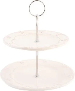 Clayre & Eef Etagère 2 Laags 23 Cm Beige Keramiek Rond Roosjes Taartplateau Serveerschaal -Clayre & Eef 988x1200