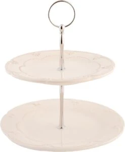 Clayre & Eef Etagère 2 Laags 23 Cm Beige Keramiek Rond Roosjes Taartplateau Serveerschaal