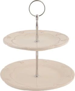 Clayre & Eef Etagère 2 Laags 23 Cm Beige Keramiek Rond Roosjes Taartplateau Serveerschaal -Clayre & Eef 991x1200